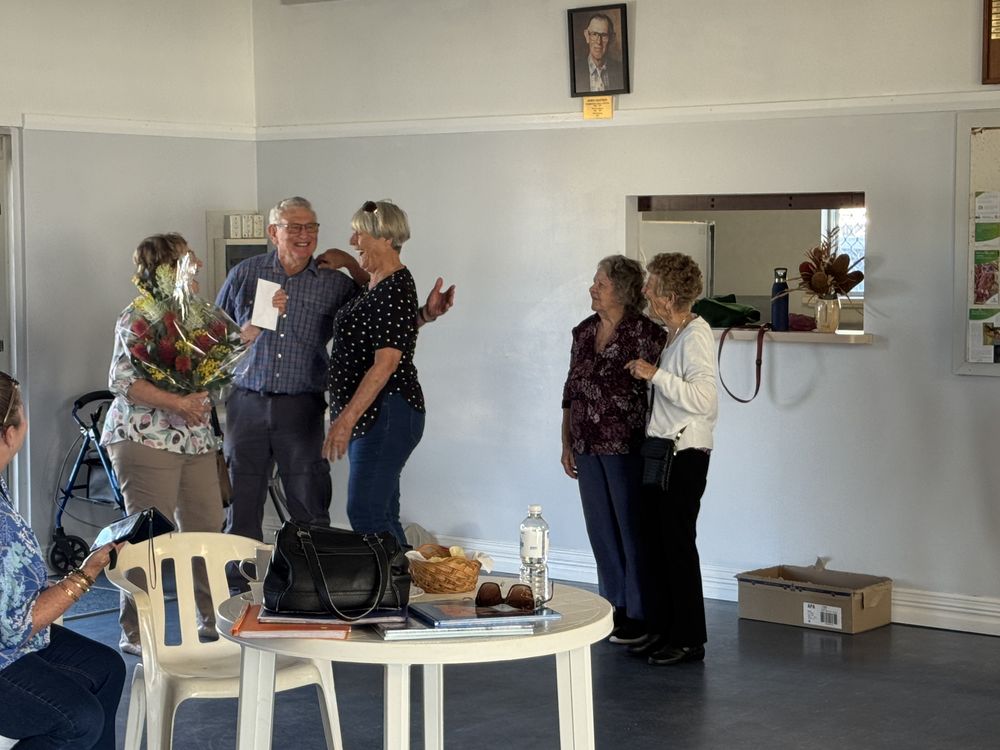 Rhonda Farrell and Wendy Eastough thanking Pam and Peter Batten in John Batten Hall