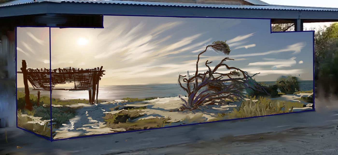 Concept of a coastal mural painted on the Foreshore amenities