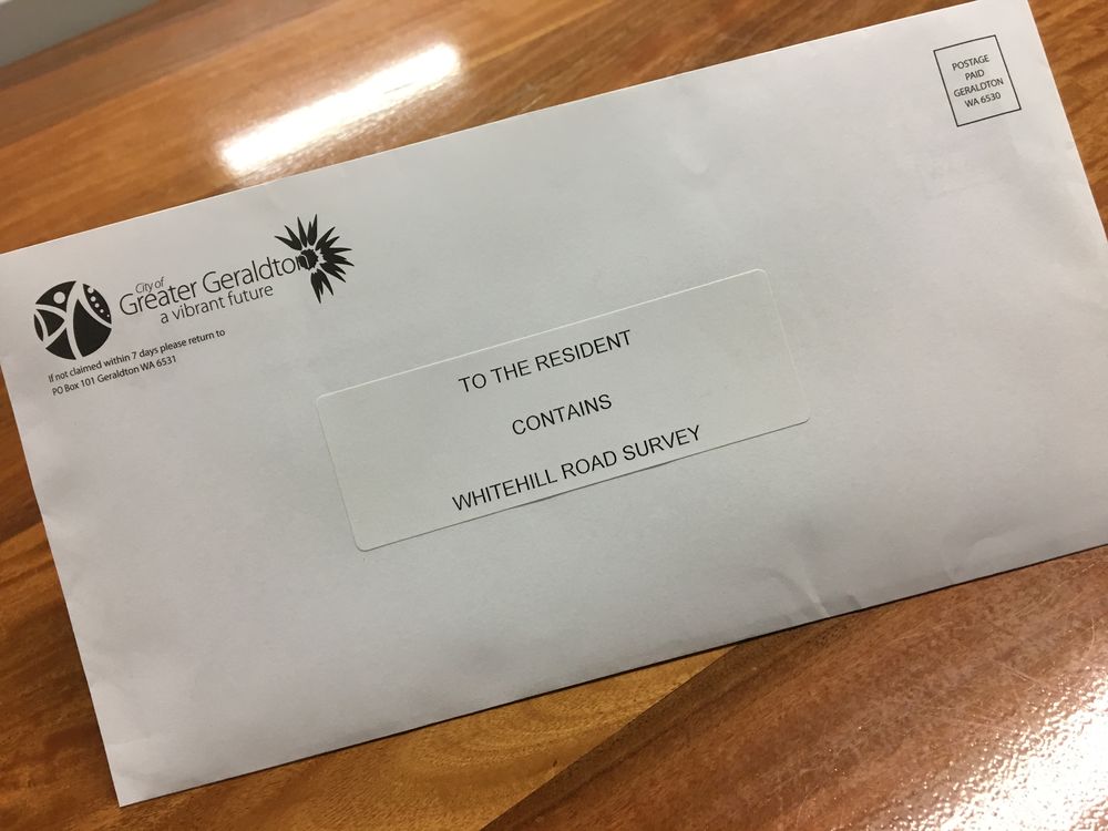 City of Greater Geraldton envelope marked Contains Whitehill Road Survey